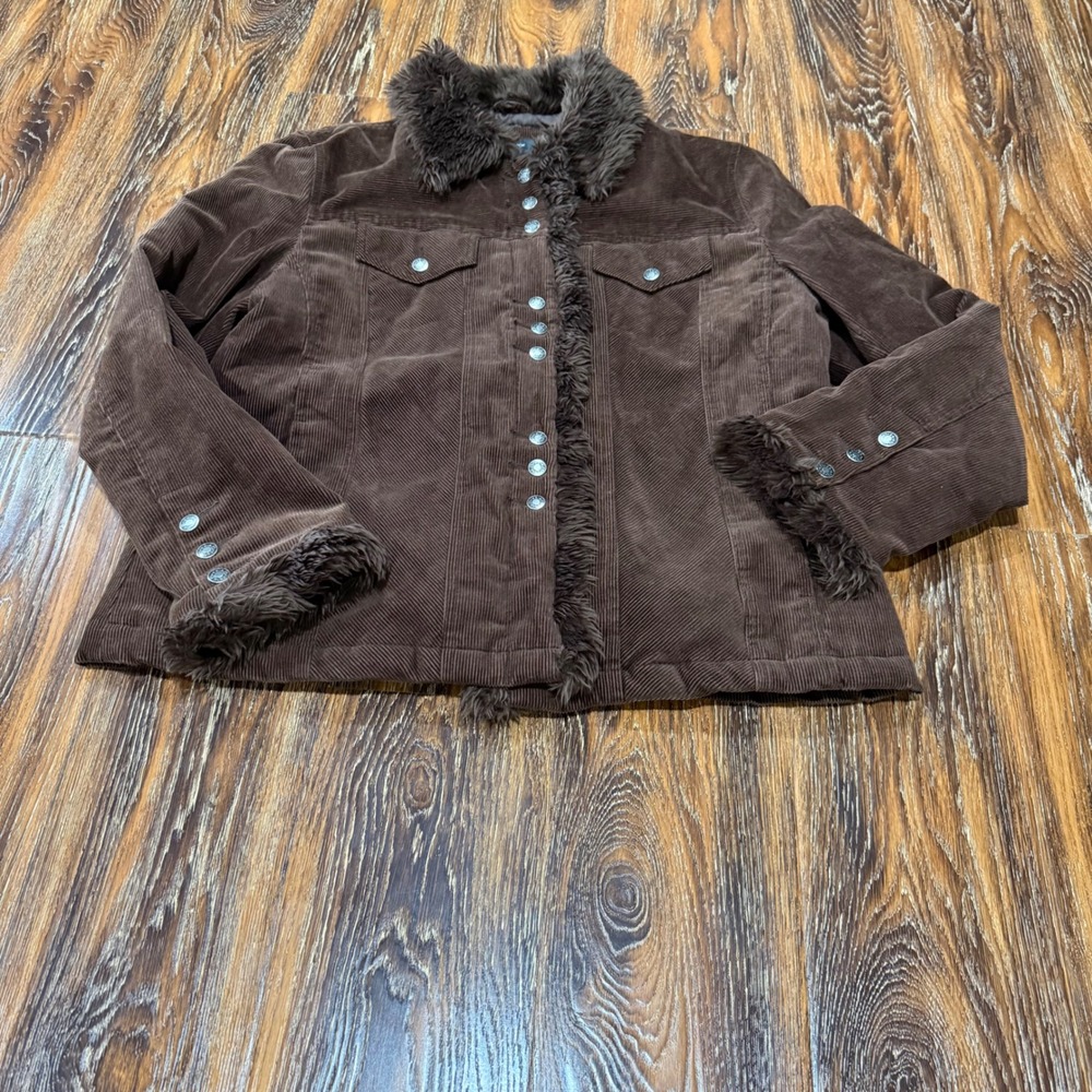 Colebrook Classics Womens XL Brown Corduroy Faux Fur Trim Quilted Jacket Boho